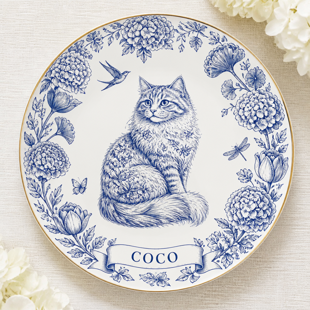 Chinoiserie Cat Name Plate – Personalized Delft Blue Floral - Personalized Personalized Ceramic Plate 449d3623-24b1-4053-b810-47c24815b087.png