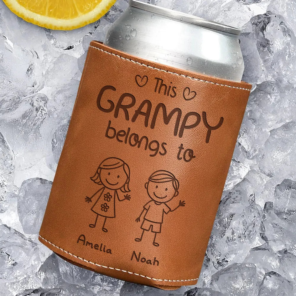 This Grandpa Belongs To Us - Personalized Leather Can Cooler - Gift For Dad, Grandpa, Father's Day