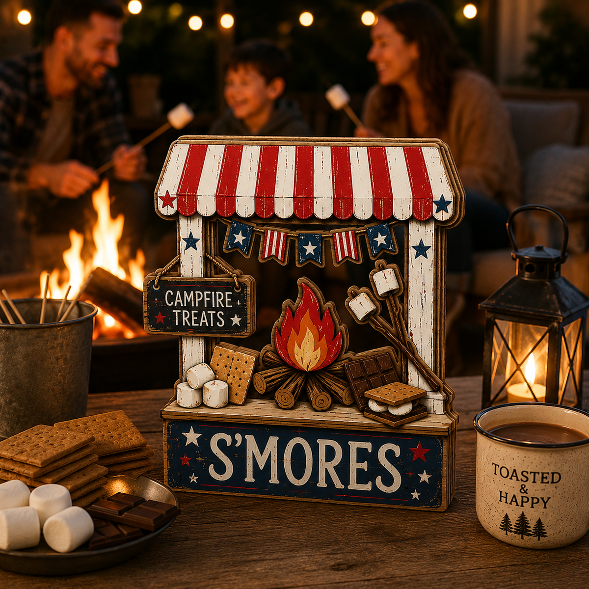 3D Wooden Marshmallow Stand Sign, Gift for BBQ Lovers, Fourth of July Decor, Custom Name Kitchen Block, Patriotic Diner Tabletop Art