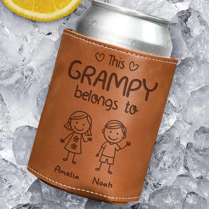 This Grandpa Belongs To Us - Personalized Leather Can Cooler - Gift For Dad, Grandpa, Father's Day