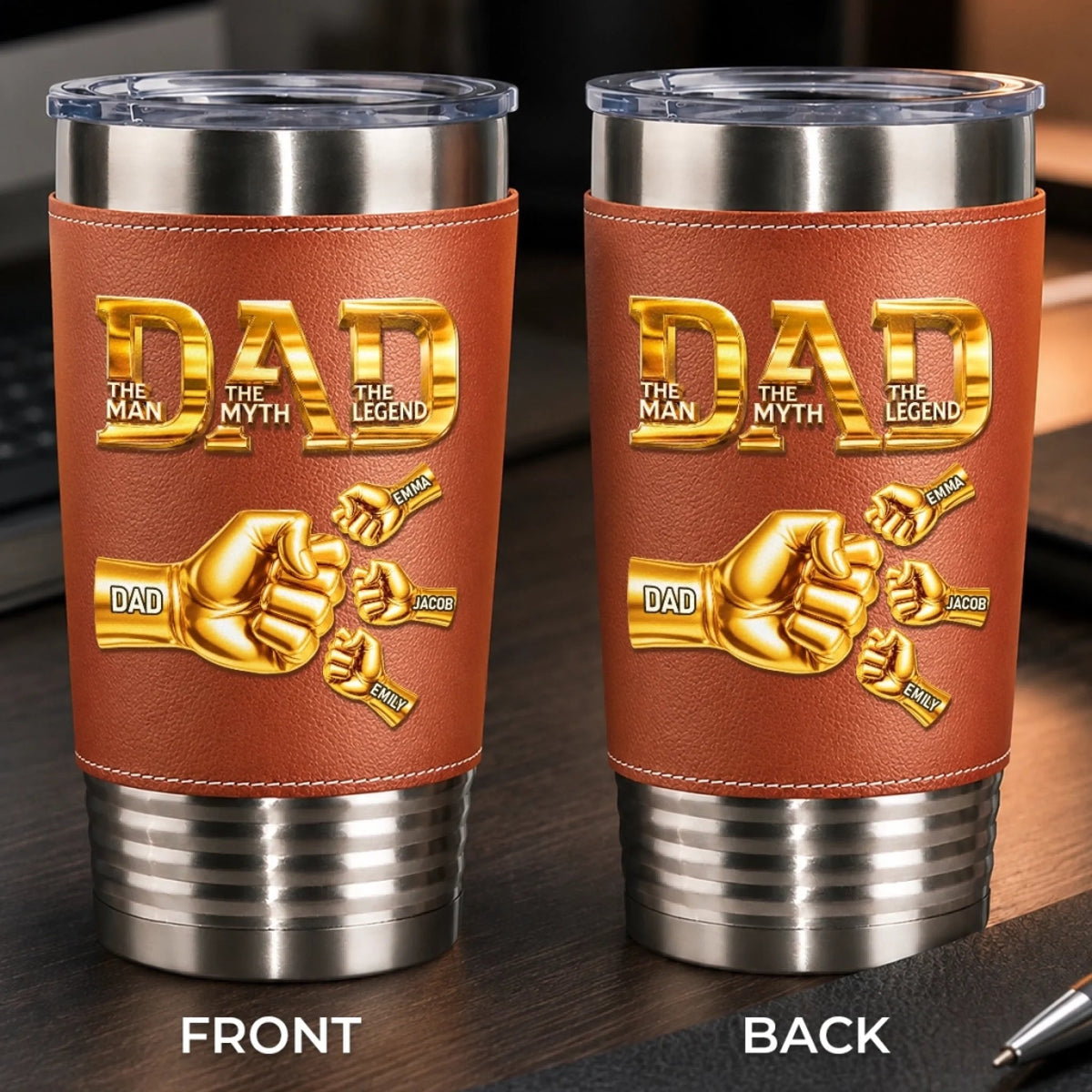 Dad Papa The Man The Myth The Legend - Personalized Leather Tumbler - Gift For Dad, Father's Day Gift