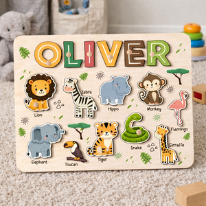 Safari Animal Name Puzzle for Kids, Personalized First Birthday Gift, Custom Toddler Wooden Puzzles, Unique New Baby Gift, Baby Shower Gift