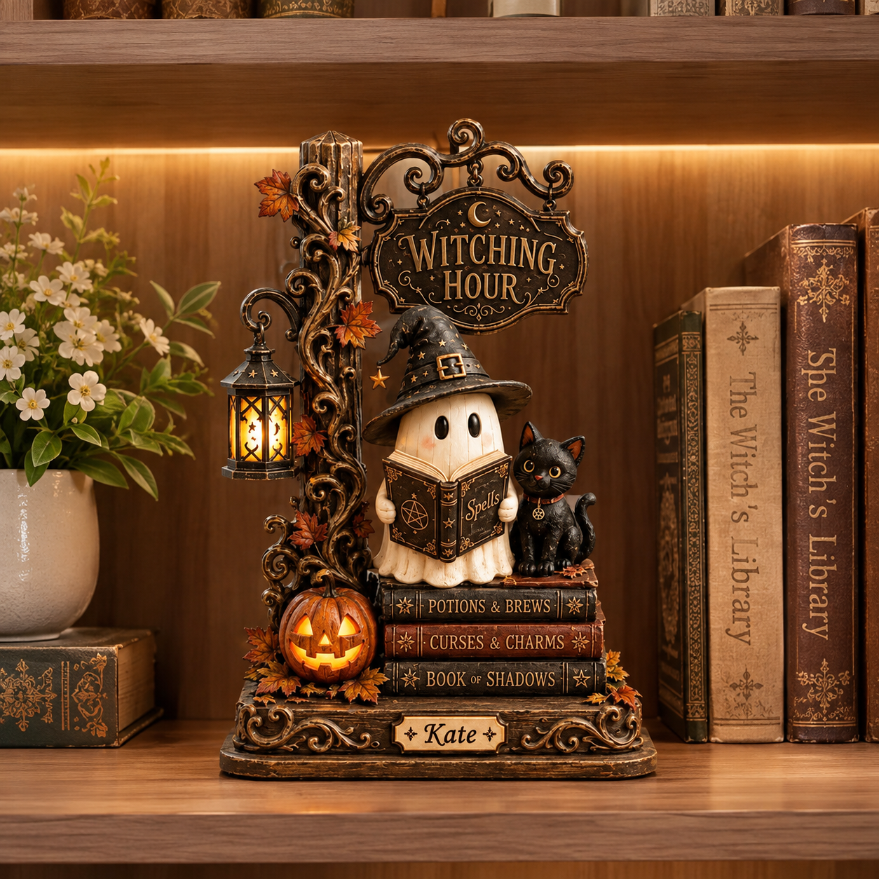 Cute Ghost Witch & Black Cat Reading Spells Halloween Decoration, Gothic Autumn Bookshelf Display with Lantern and Custom Name 44df75b1-f389-4b04-9b16-58fe668c91ec-2731ae37-309e-47ca-9bac-f2fd058995a6.png