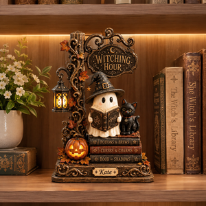 Cute Ghost Witch & Black Cat Reading Spells Halloween Decoration, Gothic Autumn Bookshelf Display with Lantern and Custom Name 44df75b1-f389-4b04-9b16-58fe668c91ec-2731ae37-309e-47ca-9bac-f2fd058995a6.png