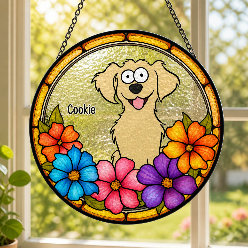 Personalized Dog Name Stained-Glass Suncatcher – Floral Round - Personalized Suncatcher Stained Glass 451c4033-8a2d-47f7-8cea-a01eae013592.png