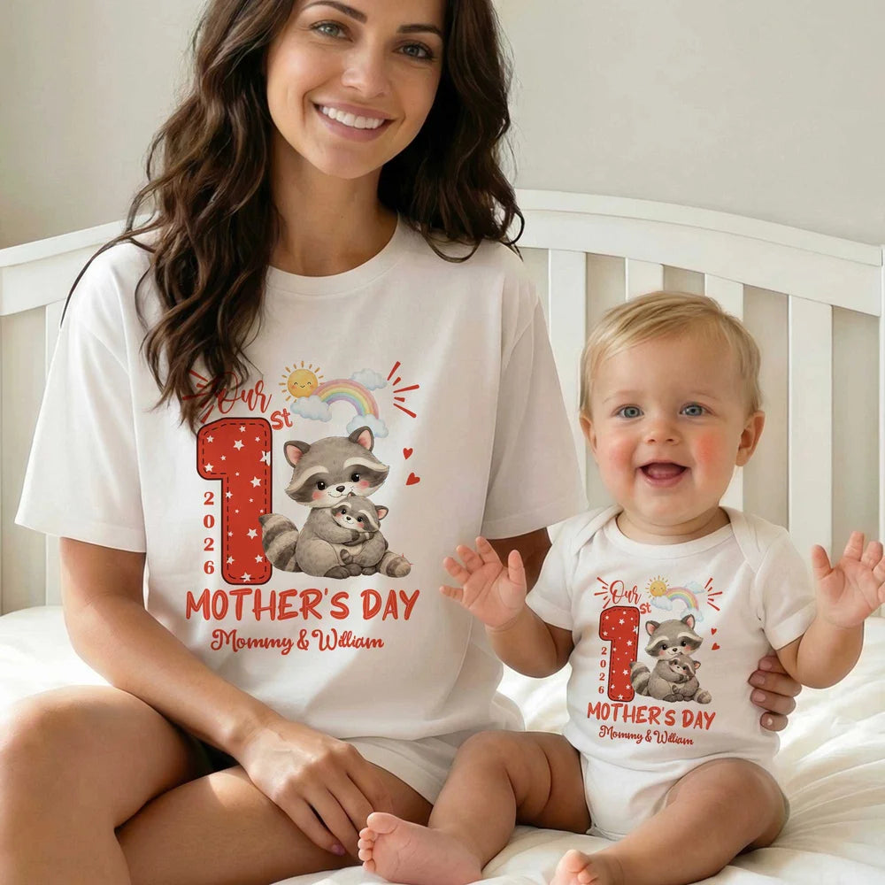 Personalized 1st Mother's Day Animal Mom Baby T-shirt Baby Bodysuit Matching Outfit with Names and Year Mother's Day Gift for Baby Mom