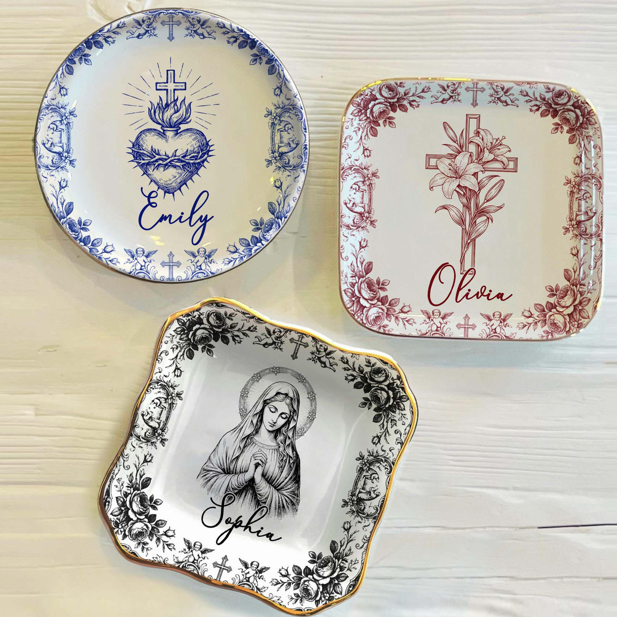 Personalized Sacred Heart and Cross Jewelry Dish, Custom Name Catholic Gift, First Communion Trinket Dish, Confirmation Baptism Ring Tray 45329b52-5008-4e1c-b9a6-5dd4c5d8468b-2.jpg