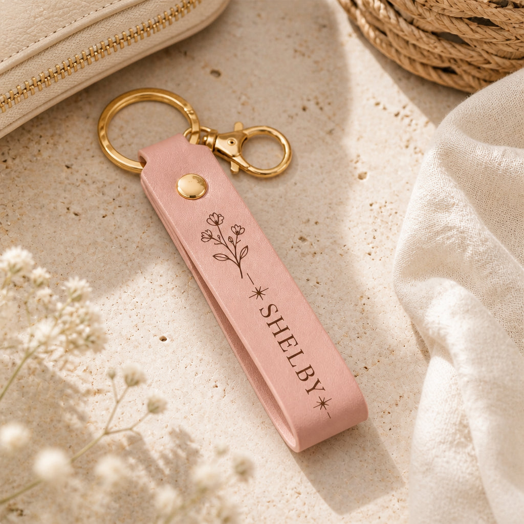 Personalized Engraved Leather Name Keychain – Floral Line Art - Personalized Leather Keychain 454a2d38-4764-49f5-a291-4748f695af6c.jpg