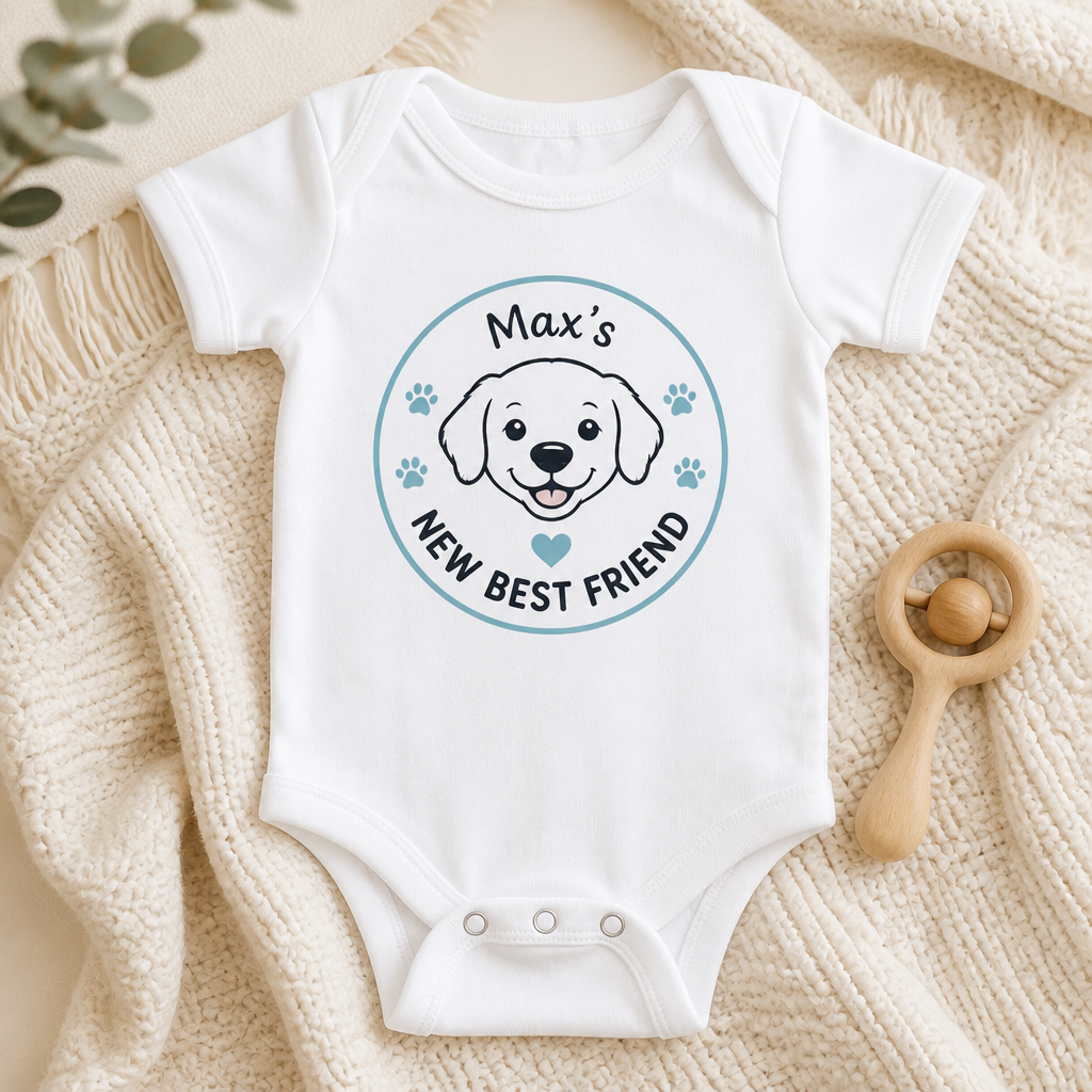 Pet Name 'New Best Friend' Baby Onesie - Personalized Baby Onesie With Color 45714df5-0b81-4e73-b50f-8aa0d27890e6.png