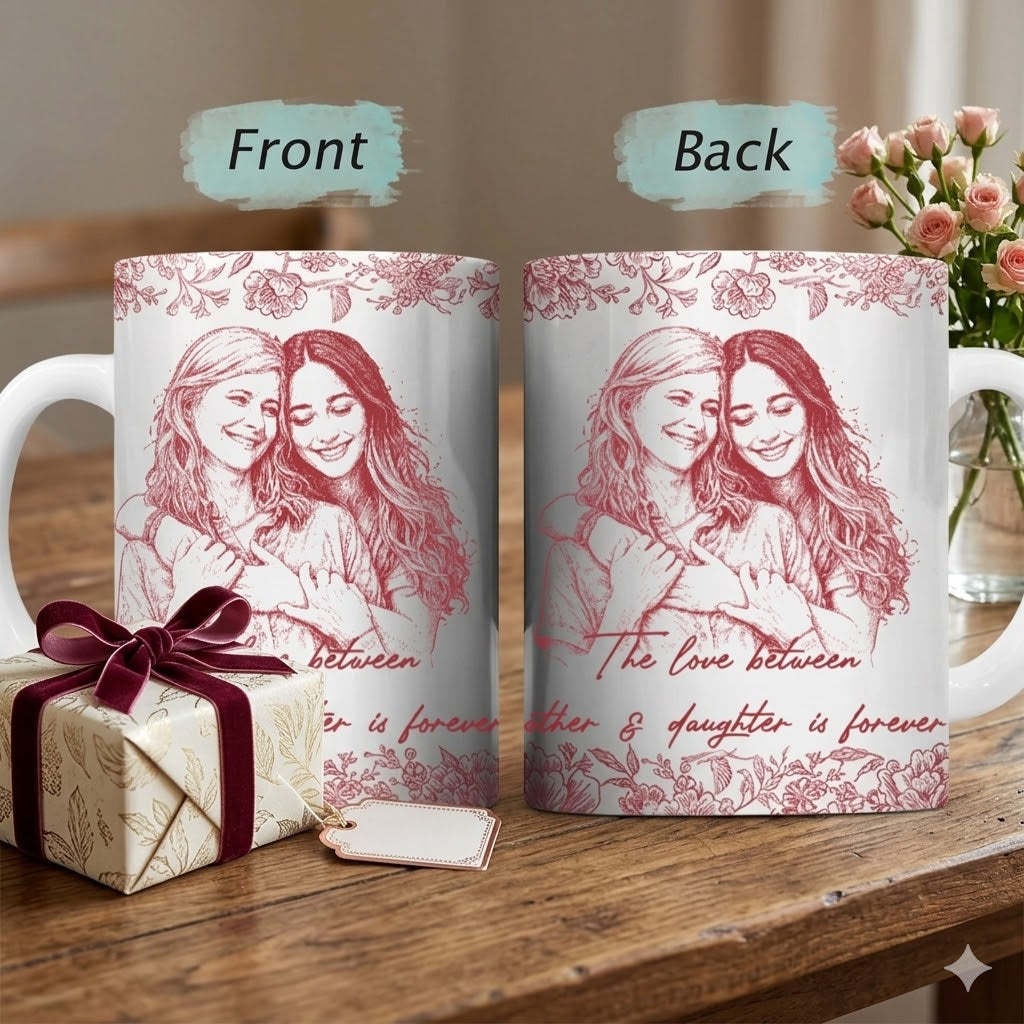 Custom Photo Pencil Sketch The Love Between Mother & Daughter - Personalized White Mug
