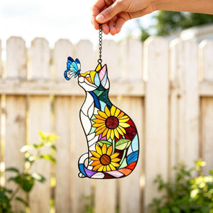 Cat Sunflower Butterfly Acrylic Suncatcher, Stained Glass Style Window Hanging, Boho Indoor Window Decor, Light Catching Gift for Cat Lovers 45d94cf9-d68f-4df0-8bb1-a6e1a881af62-4.jpg