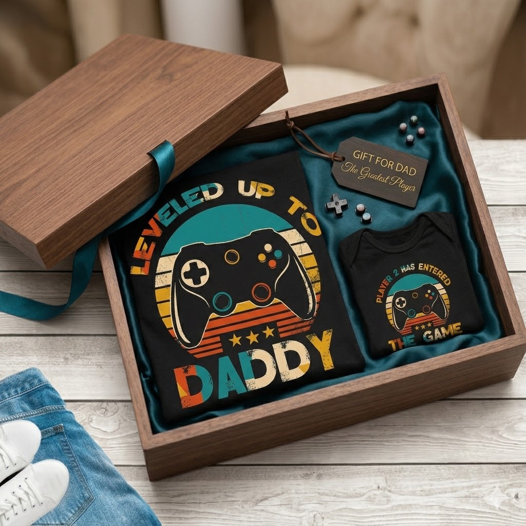 Leveled Up To Daddy Matching Gamer Shirts: Dad & Son, Baby Announcement