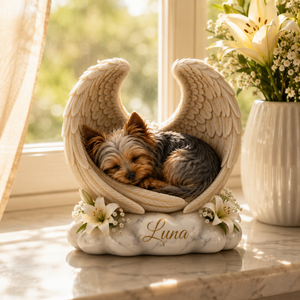 Custom Yorkie Dog Memorial Acrylic Block : Angel Wings Statue Personalized Pet Memorial Gift