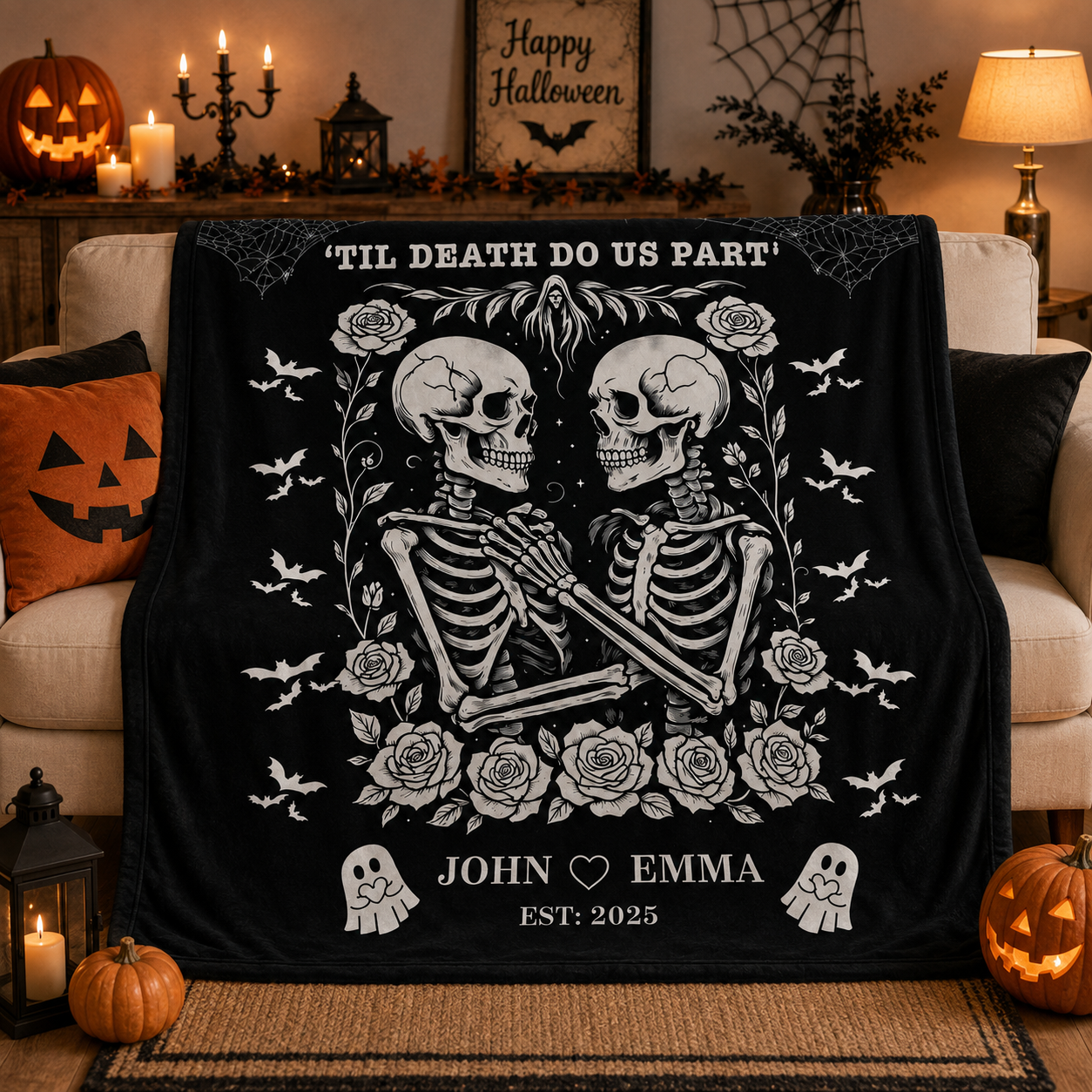 Skeleton Couple Till Death Blanket, Personalized Skeleton Lovers Wedding Blanket, Spooky Goth Couple Halloween Gift, Valentines, Anniversary
