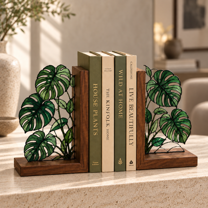 Monstera Stained Glass Bookends, Walnut Wood Botanical Book Decor, Tropical Plant Bookshelf Accent, Book Lover Gift, Housewarming Gift 469fda5b-2ecf-4b1f-b288-4f57f66f4da7-Walnut-and-green-glass-monstera-bookends.png