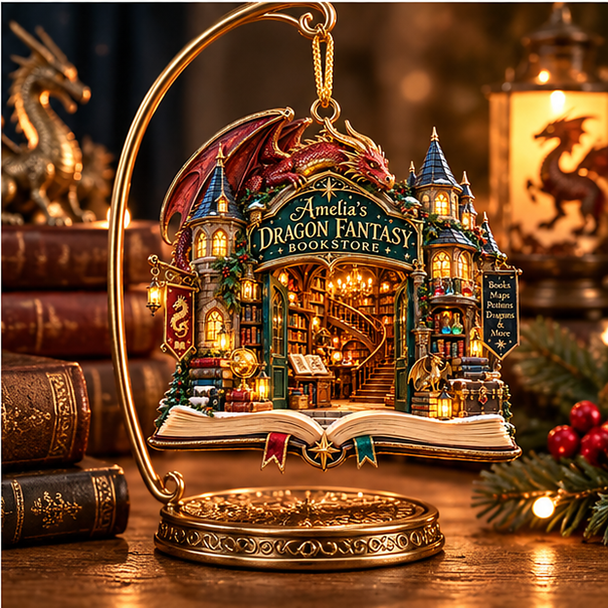 Personalized Dragon Fantasy Bookstore Christmas Ornament – Custom Name 2D Flat Ornament, Magical Book Lover Gift 46a84f9d-22ae-4472-9744-5c1b775cb638-amelia_dragon_bookstore_04_display_stand.png