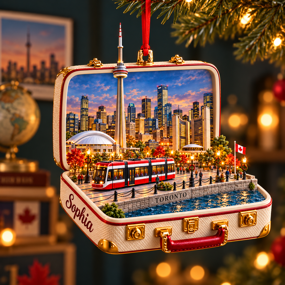 Personalized 3D Toronto Suitcase Christmas Ornament – Toronto Canada Travel Souvenir & Gift for Toronto Lovers 46ad4871-397a-4b18-8e7c-0295f9643997-Toronto-suitcase-ornament-in-festive-glow-1.png