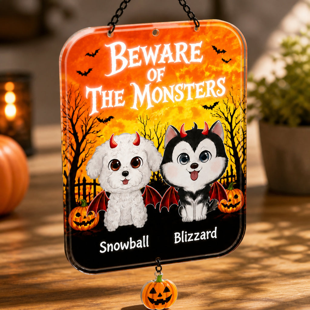 Halloween Beware of the Monsters Pet Garden Flag – Custom Cartoon Portraits - Personalized 1 Layered Suncatcher with Charm 46b17d01-ba7a-43d0-be6f-49613765b40e.jpg