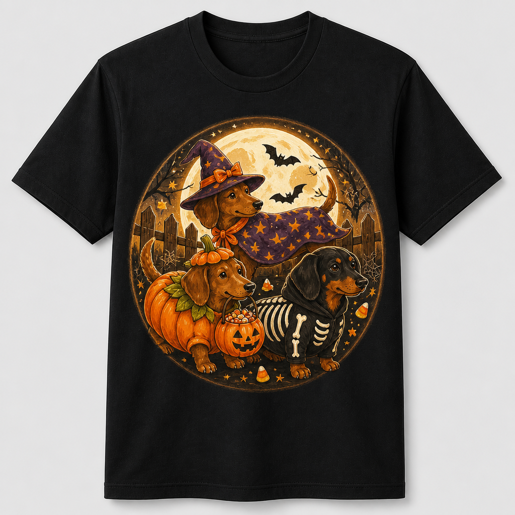 Halloween Dachshund Trio Moon Badge Tee - T-shirt 47008aa9-2648-4729-a281-464f7ed9144f.png