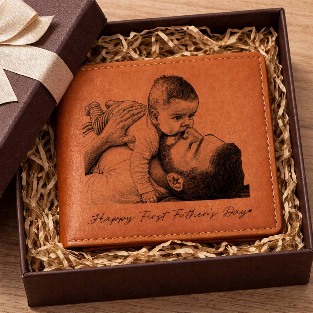 Custom Photo Pencil Sketch Family Dog Cat Portrait - Personalized Engraved Leather Wallet