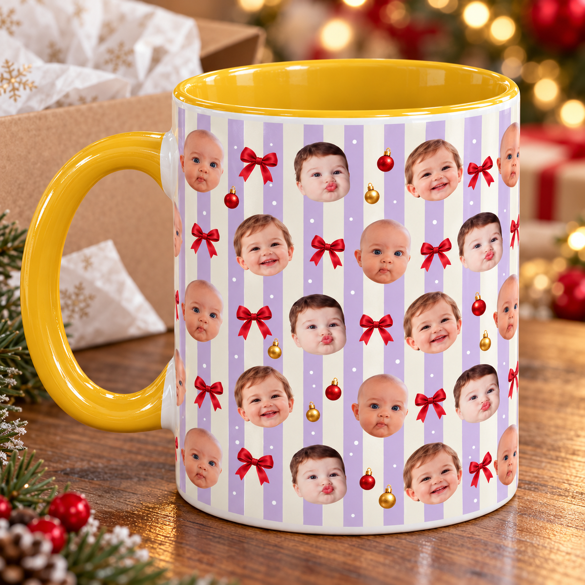 Personalized Christmas Photo Mug, Custom Baby Face Coffee Cup with Red Bows and Green Stripes, Holiday Gift for Mom and Grandma 477ce038-45b0-4b41-8121-9ddd8cc0ac2b-Lavender-Stripe-Christmas-Bow-Mug-3.png