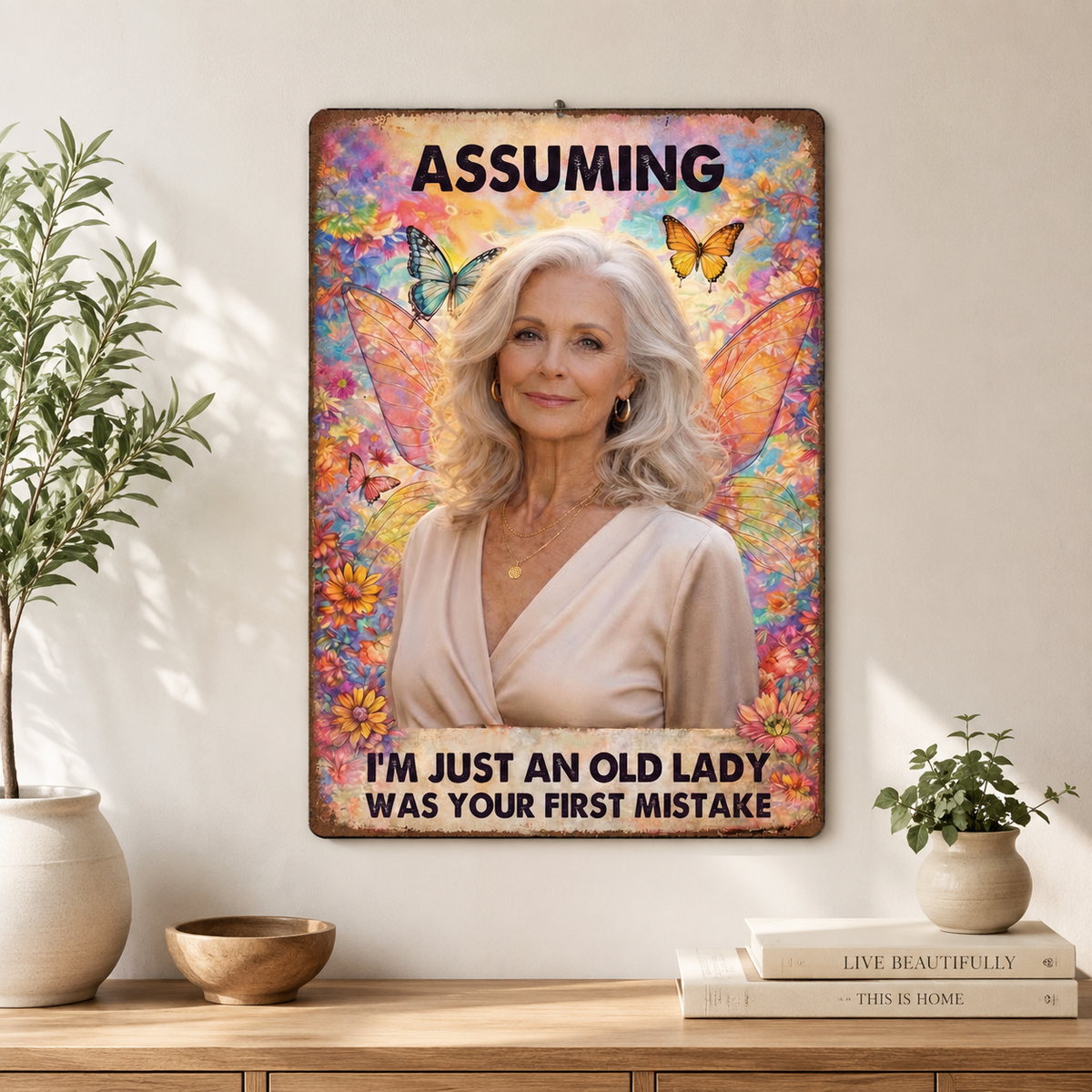 Personalized Assuming I'm Just an Old Lady Metal Sign, Custom Photo Funny Old Lady Gift, Personalized Grandma Wall Decor Gift