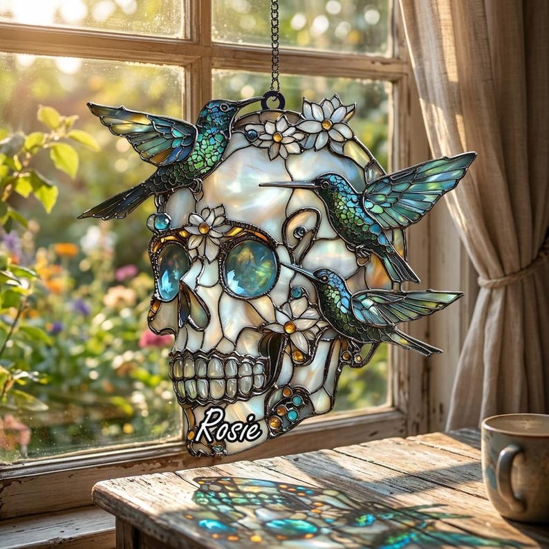 Personalized Hummingbird Skull Suncatcher, Costum Name Faux Stained Glass Window Hanging, Custom Name Gothic Decor, Asthetic Gift For Friends, Family 47d842a1-8b7c-4f63-a3b3-849a9edf35cb-skul1.jpg