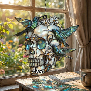 Personalized Hummingbird Skull Suncatcher, Costum Name Faux Stained Glass Window Hanging, Custom Name Gothic Decor, Asthetic Gift For Friends, Family 47d842a1-8b7c-4f63-a3b3-849a9edf35cb-skul1.jpg
