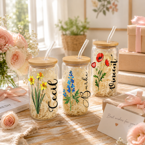 Custom Coffee Cup, Personalized Birthday Flower Glass, Glass With Straw, Birth Flower Tumbler, Bridesmaid Gift, Birthday Gift, Party Favor