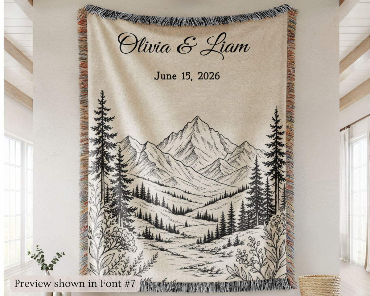 Personalized Mountain Woven Blanket, Custom Couple Name Date Throw, Forest Wedding Gift, Cotton Anniversary Gift for Couples Nature Lovers 488605cf-23e0-4343-815e-df99c81f7b30-4.jpg