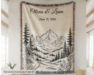 Personalized Mountain Woven Blanket, Custom Couple Name Date Throw, Forest Wedding Gift, Cotton Anniversary Gift for Couples Nature Lovers 488605cf-23e0-4343-815e-df99c81f7b30-4.jpg