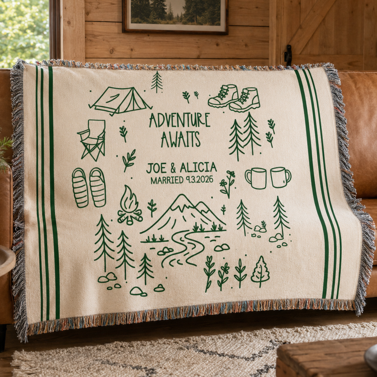 Personalized Couples Woven Throw Blanket | Adventure Awaits Moss Green Boho Stripe, Doodle Style Home Accent Wedding Engagement Anniversary 48bddcc0-047e-40a5-991c-550d20aee72b-banner-1.png