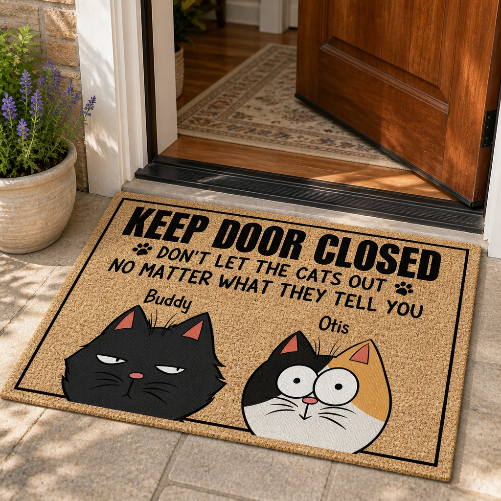 Keep Door Closed Cats Out Personalized Doormat – Two Cartoon Pet Portraits - Personalized Doormat 48e10e1a-863c-49c6-8557-2ce34d3e4e4d.png