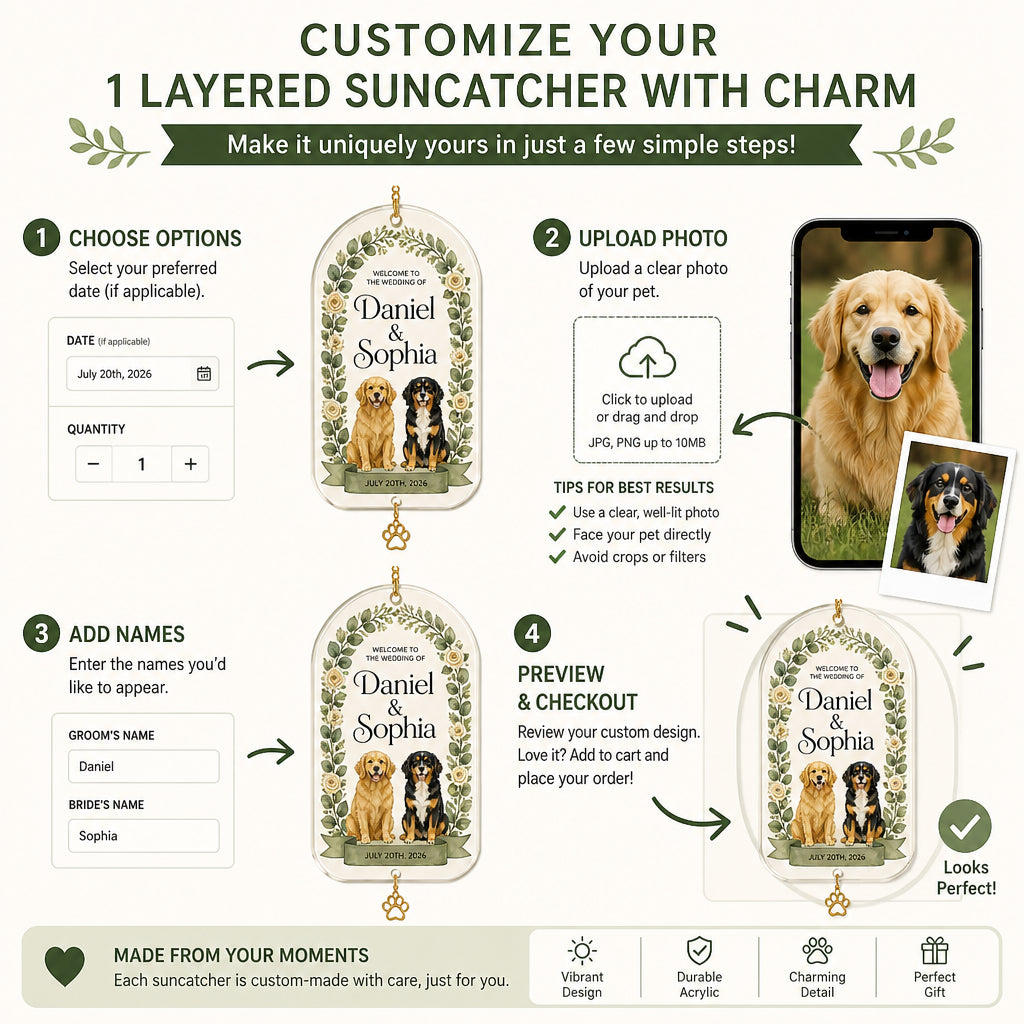 Personalized Wedding Welcome Flag with Pets — Names & Date - Personalized 1 Layered Suncatcher with Charm 49061aea-94f0-42fa-afaf-b31c48e8e768.jpg