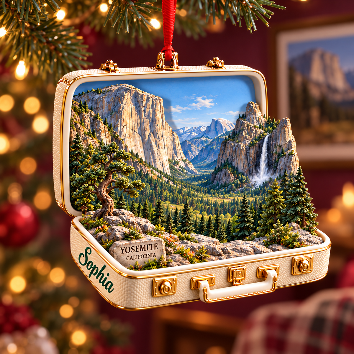 Personalized Yosemite National Park 3D Suitcase Ornament – California Travel Keepsake & Christmas Gift for Nature Lovers 493bc565-4951-41bd-aebd-e18624a79029-Yosemite-diorama-ornament-in-festive-bokeh-1.png