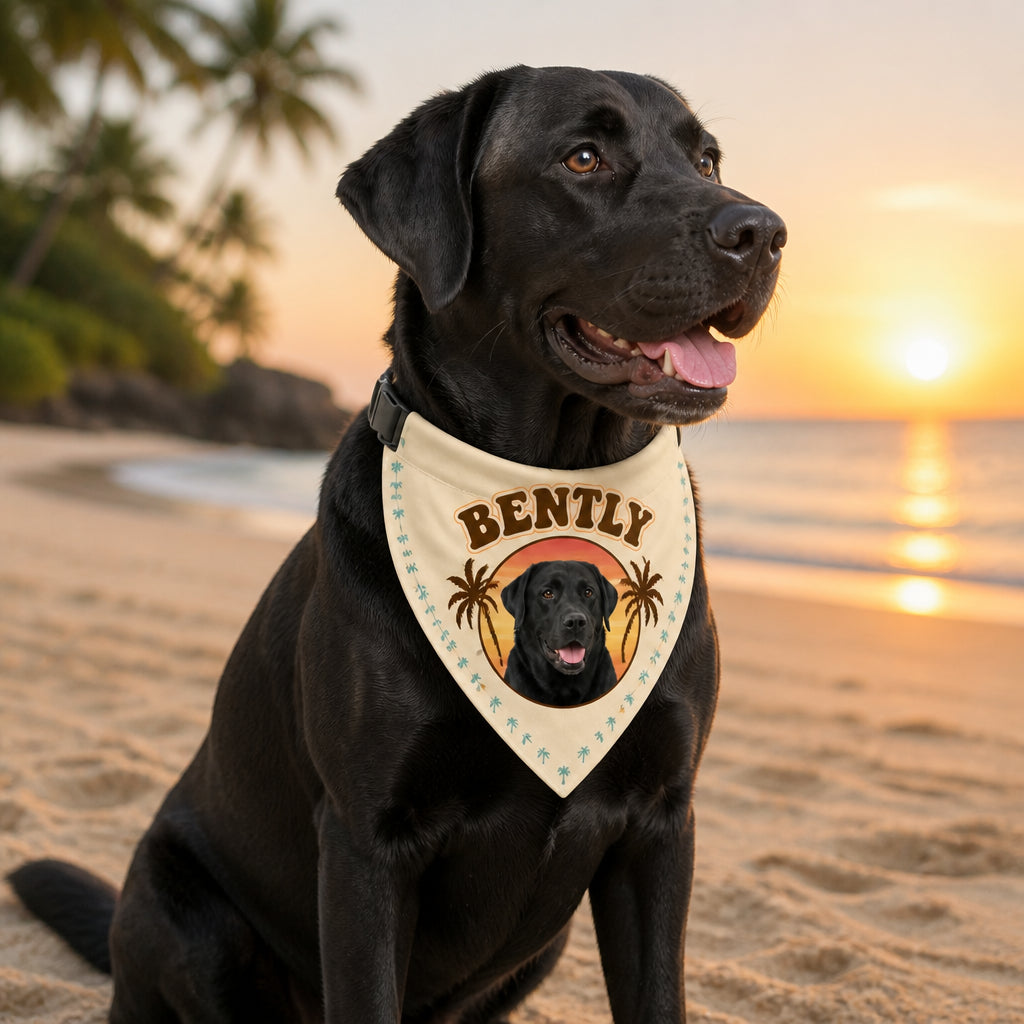 Custom Pet Photo Bandana – Tropical Sunset Badge with Name - Personalized Pet Bandana Collar With Adjustable Buckle 49ba1c2d-2f14-48bd-a26e-5294ac9b77f0.jpg