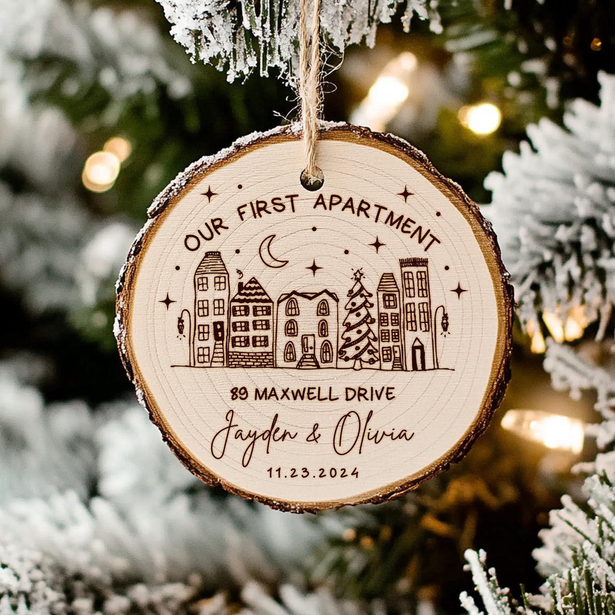 Custom Apartment Warming Gift, Our First Apartment Wooden Christmas Ornament, New Address Ornament, New Home Gift for Couples