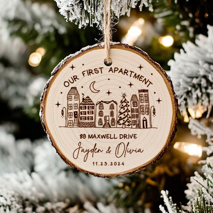 Custom Apartment Warming Gift, Our First Apartment Wooden Christmas Ornament, New Address Ornament, New Home Gift for Couples