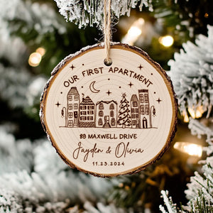 Custom Apartment Warming Gift, Our First Apartment Wooden Christmas Ornament, New Address Ornament, New Home Gift for Couples