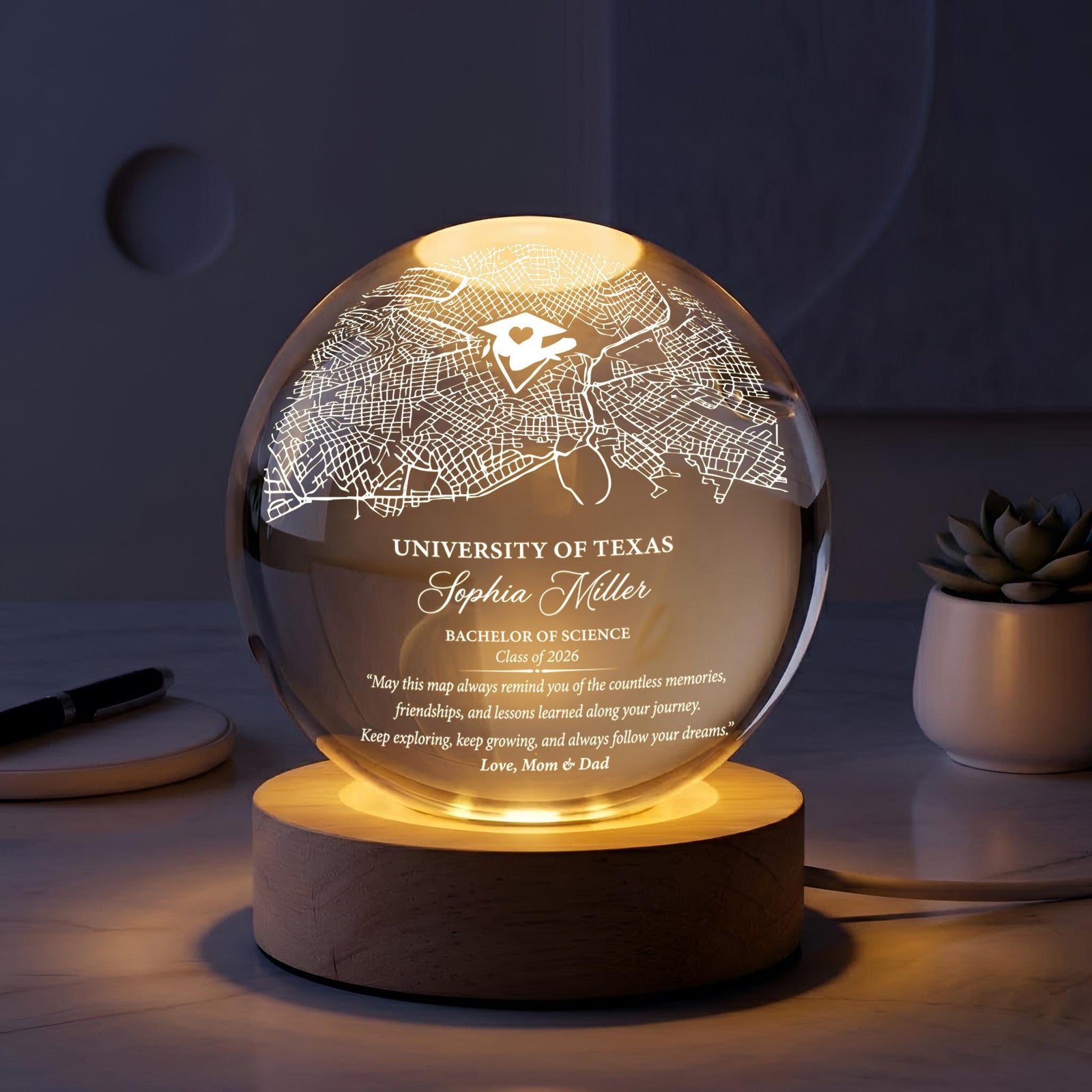 Personalized University Map Crystal Ball Night Light, Custom Graduation LED Lamp Class of 2026, College Grad Keepsake