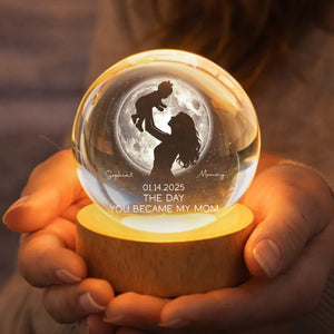 Mom Hugging Kid Under The Moon - Personalized Crystal Ball LED Night Light - Mother's Day Gift