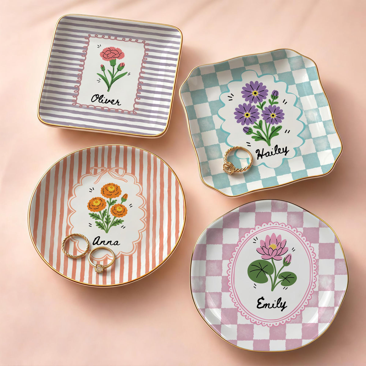 Personalized Birth Flower Custom Name Ring Dish, Stripe Vintage Style Jewelry Dish for Her Daughter Friends, Bridesmaid Proposal Gift