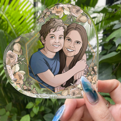 Portrait from Photo Mom Son Daughter - Personalized Heart Shaped Acrylic - Gift For Mom, Mother's Day, Birthday Gift