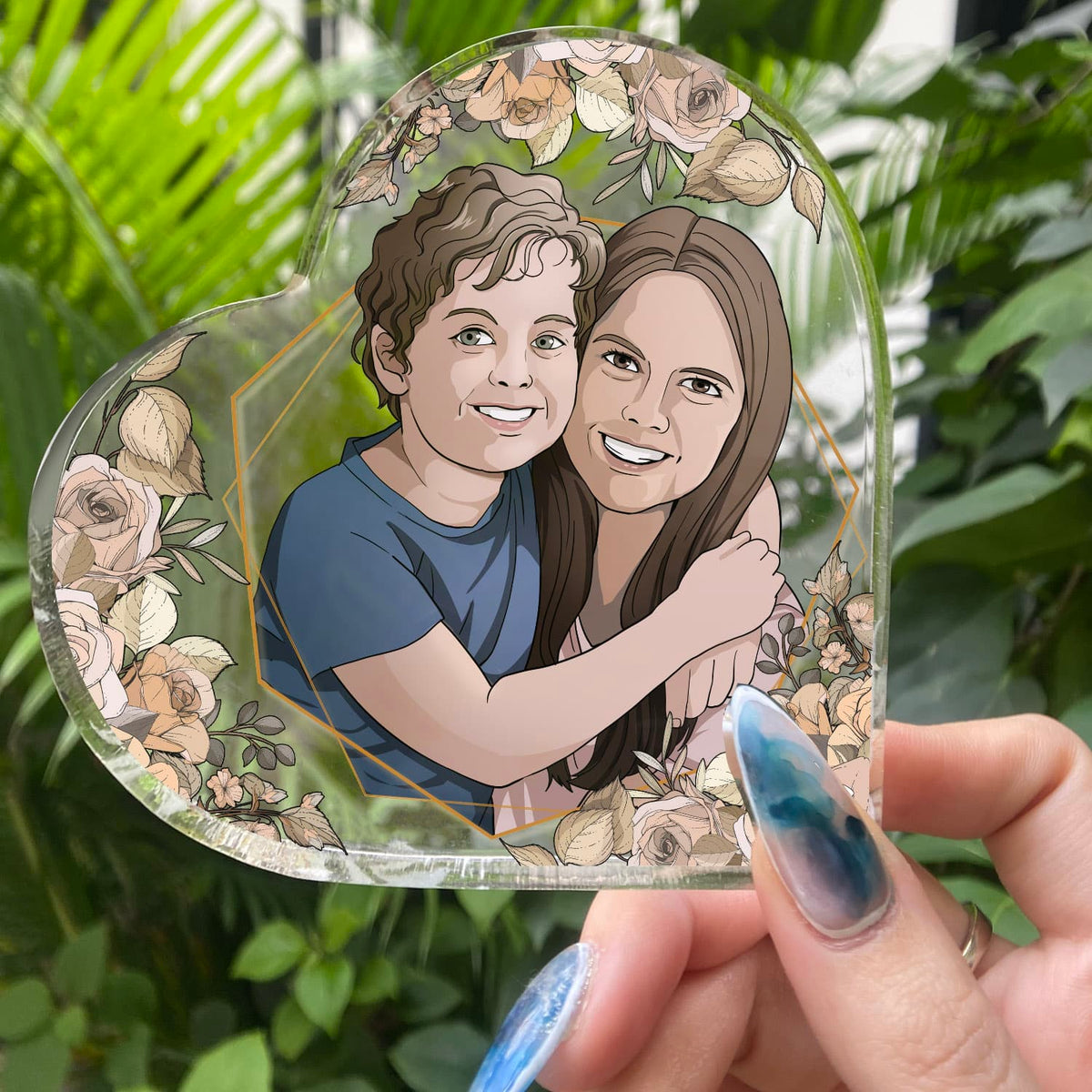 Portrait from Photo Mom Son Daughter - Personalized Heart Shaped Acrylic - Gift For Mom, Mother's Day, Birthday Gift