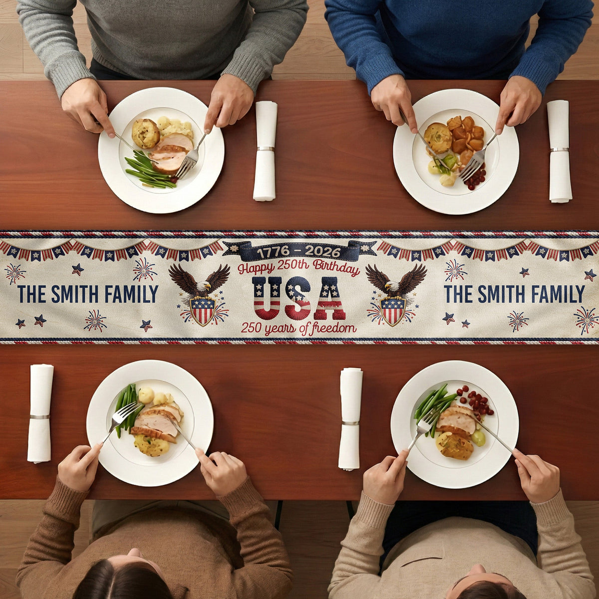 America 250th Anniversary Faux Pattern - Personalized Table Runner - 4th Of July Gift For Family, 250th Home Decoration