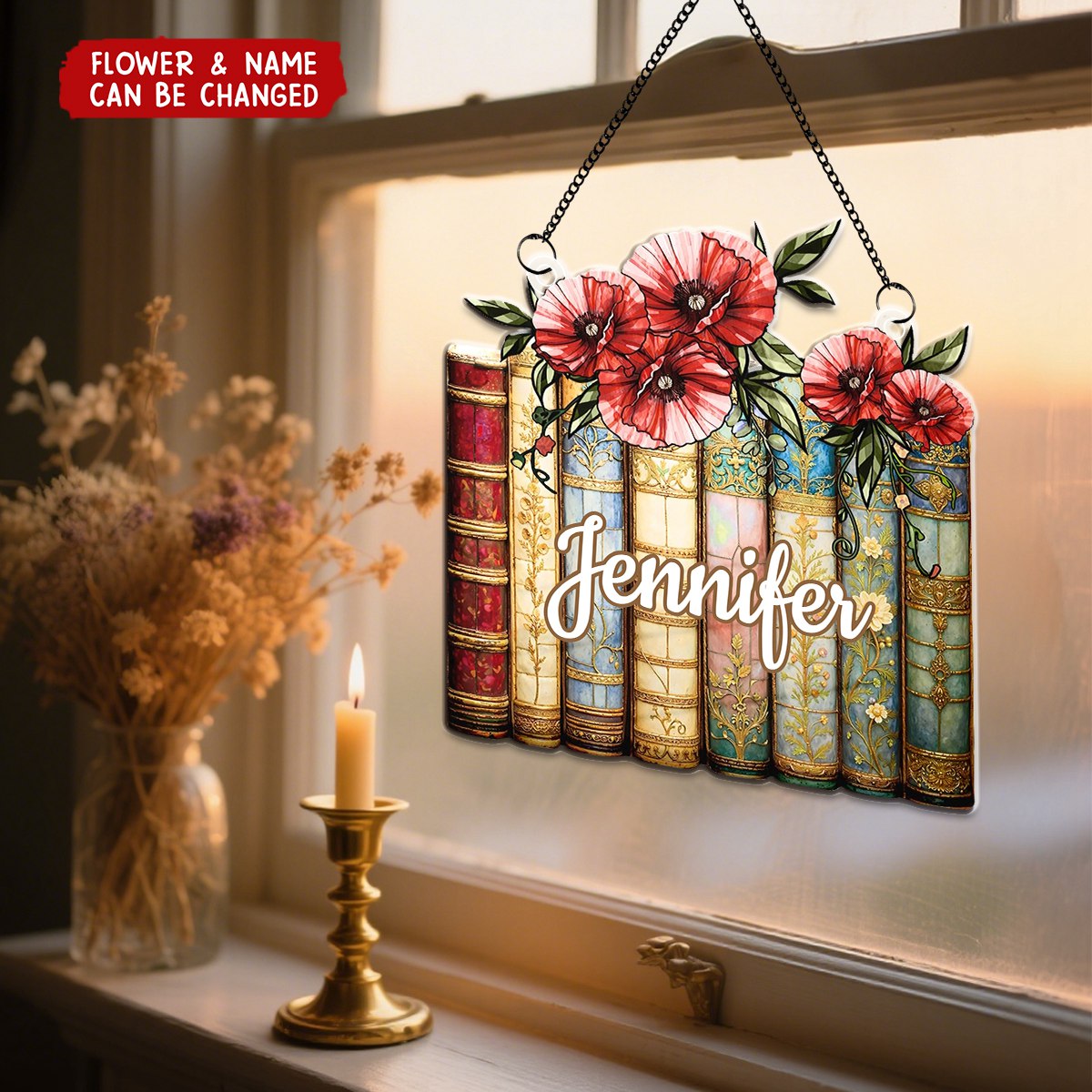 Birth Flower Reading Book Stack Personalized Suncatcher Stained Glass - Gift For Book Lovers