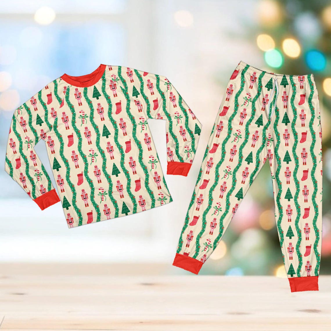 Nutcracker Christmas Pajamas, Preppy Coquette Candy Cane Christmas Long Sleeve Pajama Set, Family Christmas Pajamas, Matching Holiday PJs