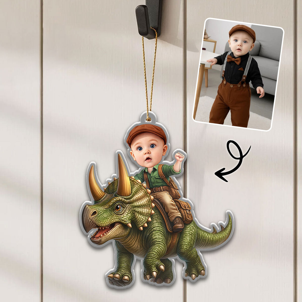 Custom Photo Kid Riding Dinosaur - Personalized Custom Shaped Acrylic Ornament