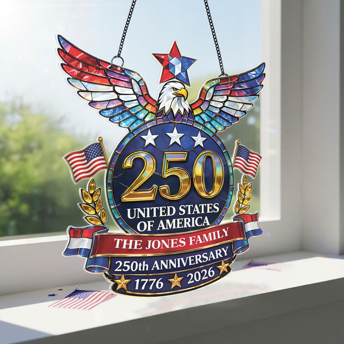 Personalized American Eagle Suncatcher, USA 250th Anniversary Decor, Custom Family Name Patriotic Art