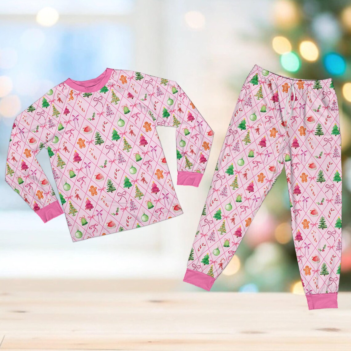 Family Christmas Pajamas Set, Preppy Coquette Christmas Gingerbread Man Long Sleeve Two Piece Pajama, Cute Xmas Holiday Loungewear Set